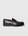 Mocassino penny loafer in pelle nera con fascia cucita