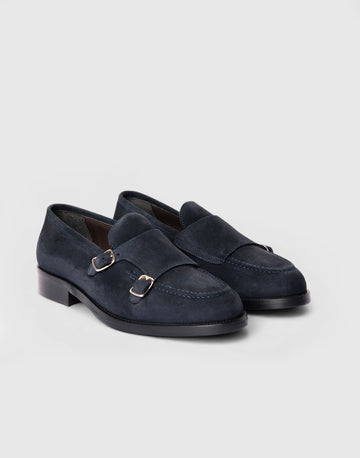 Mocassino double monk in suede blu