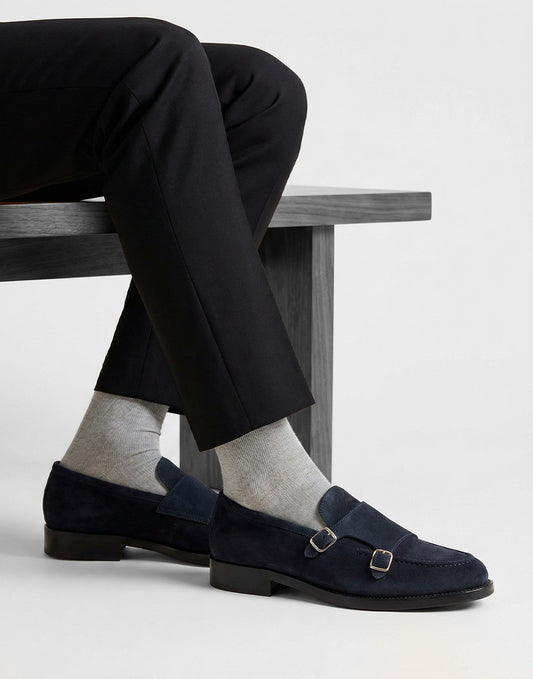 Mocassino double monk in suede blu