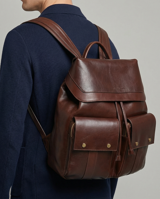 Zaino in Pelle Pieno Fiore con Tasche Frontali